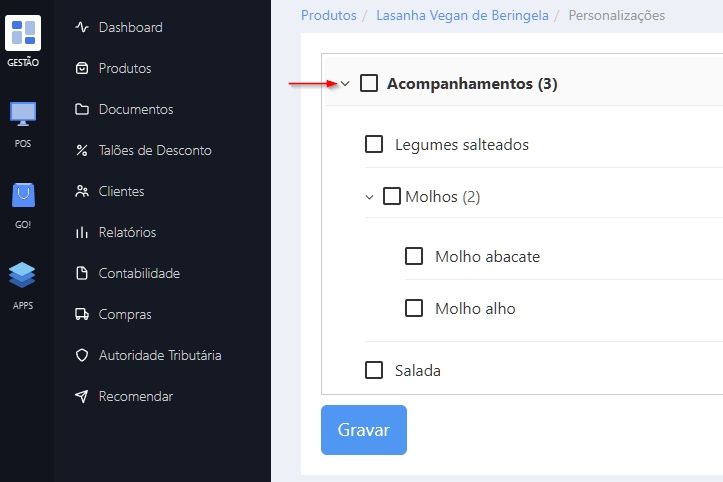 Personalizações - escolher opções